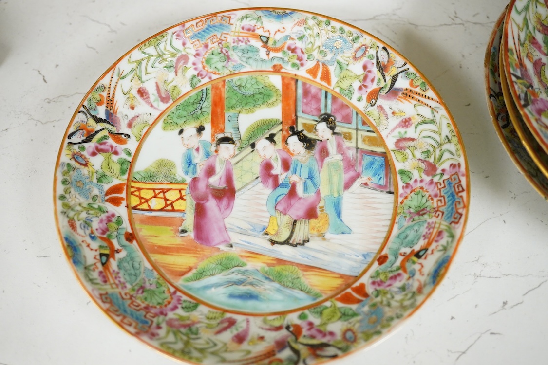 A collection of Chinese Canton figural plates, 19th century, together with an 18th century export famille rose saucer, largest 16cm (7)